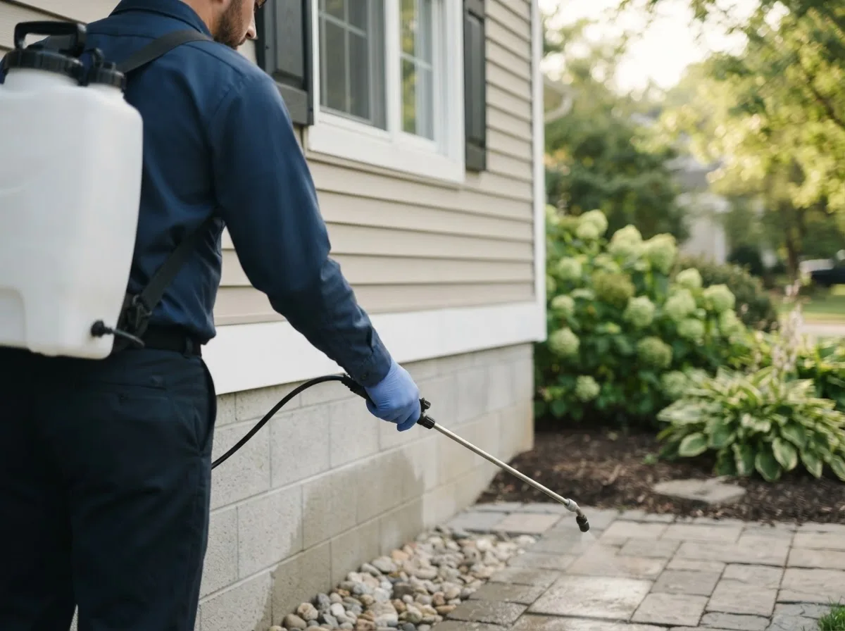 Pest control technician inspecting a home in Tuscola, TX